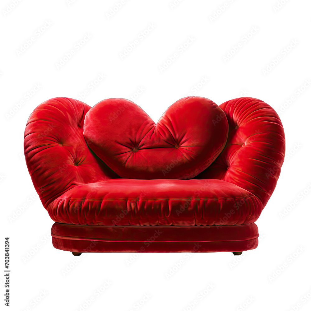 A Red Velvet Love Seat Inviting and Plush Valentines Day. Isolated on a Transparent Background. Cutout PNG.
