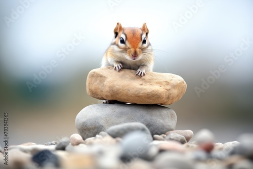 gerbil perched on a stack of flat stones
