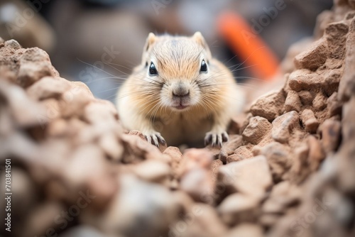 gerbil looking down from top of rock pile photo