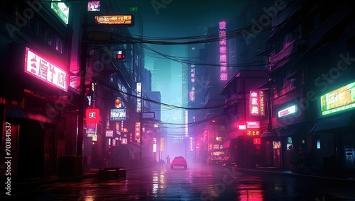City street with neon lights at night