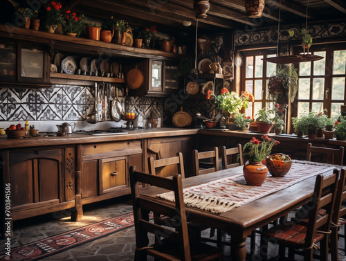 A kitchen with pots and pans from the ceiling. Authentic interior of a wooden house photo