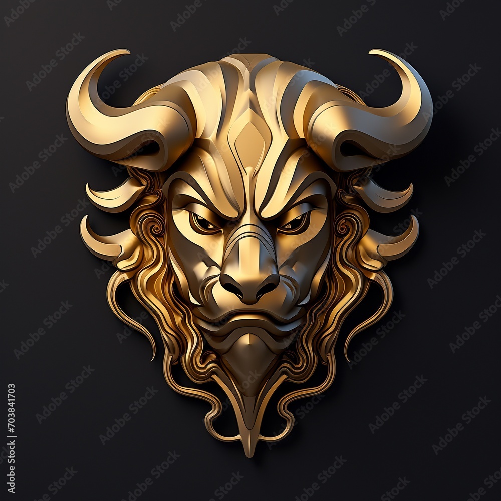 Lion head with golden ornament on a black background. 3d rendering. AI.