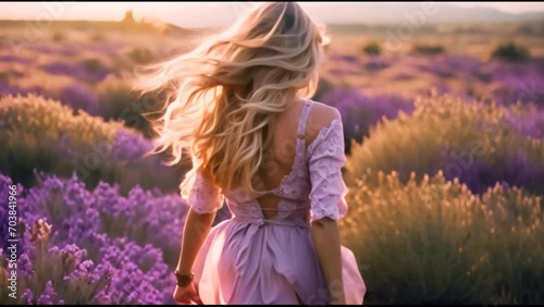 Back view of beautiful blond young woman crossing in slow motion  a lavender field in spring at sunset, with wind in her hair. photo