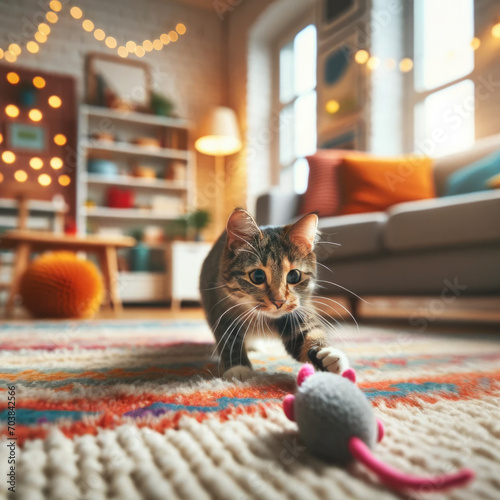A Domestic Shorthair cat chasing a toy mouse in a cozy and colorful living room