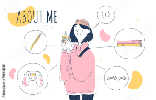 About me page linear. Woman with her hobbies. Beautiful young girl with books and gamepad, hot drink. Video games and reading. Doodle flat vector illustration isolated on white background