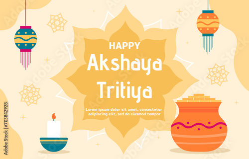Happy akshaya tritiya poster. Traditional Hindu festival and holiday. Candle and orange ceramics vase. Greeting and invitational postcard template. Cartoon flat vector illustration