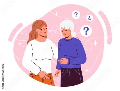 Alzheimers disease concept. Old woman with losses of memory. Health care and medicine, treatment. Pensioner with dementia. Cartoon flat vector illustration isolated on white background