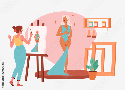 Artist draws model. Woman with paintbrush stands near canvas and draw young beautiful girl in blue dress. Creativity and art. Workshop and studio. Cartoon flat vector illustration