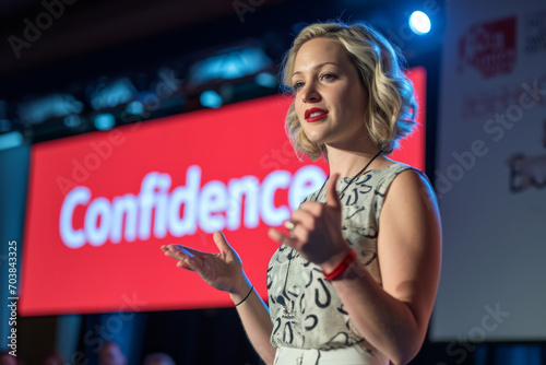 Confidence concept image with a strong confident woman addressing to an audience on stage doing a presentation and word confidence written on screen