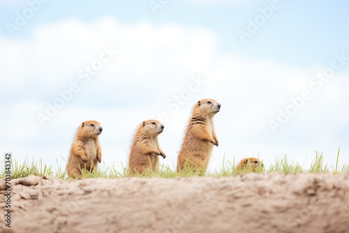 prairie dogs lined on a ridge, one chirping to the others photo