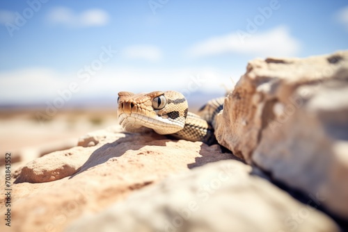 rattlesnake peering over desert stone photo