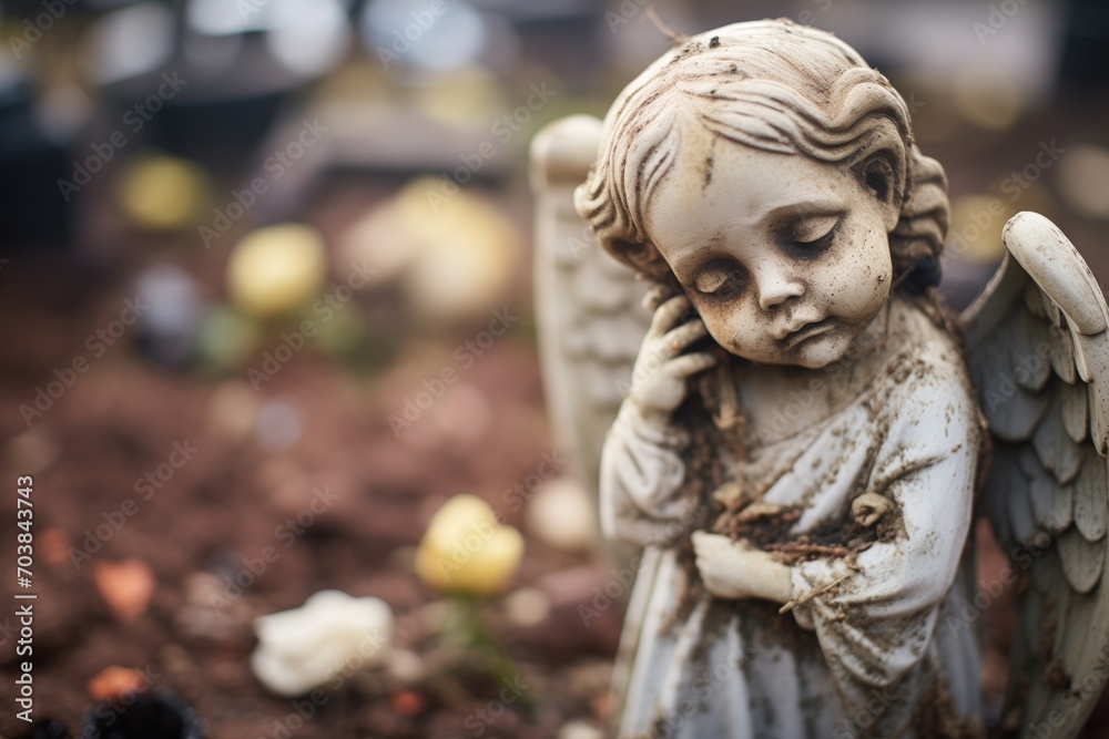 close-up of a worn angel statue in a cemetery