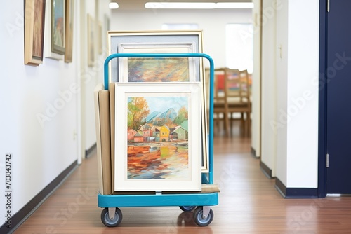 hand truck stacked with flat packed art frames photo