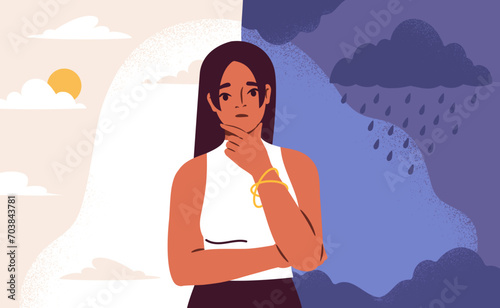 Balance of emotions concept. Woman at background of sunny day and dark weather with rainy drops. Emotional and psychological disorders, mental issues. Cartoon flat vector illustration