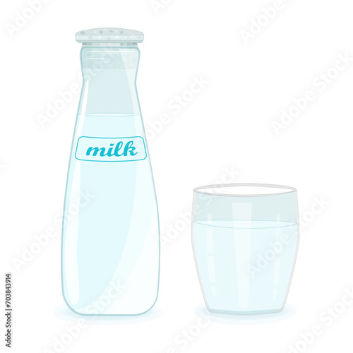 Glass bottle and mug with milk isolated on white background. Milk bottle and glass. Fresh milk drink with vitamins. Milk beverage for breakfast. Container dairy beverage product. Vector illustration