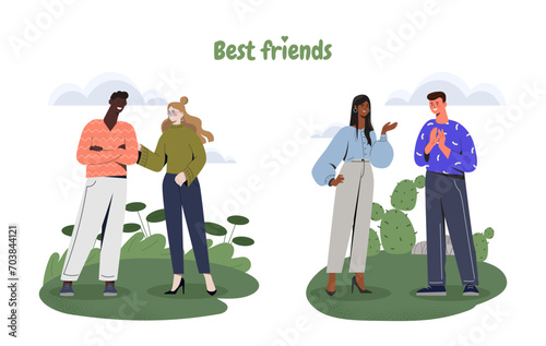 Best friends set. Men and women communicate with each other. Good relations betwwen young guys and girls. Positive feelings and emotions. Cartoon flat vector collection isolated on white background