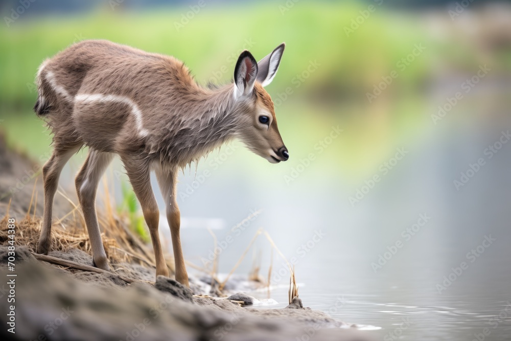 waterbuck calf playing at river edge waterbuck calf playing at river edge
