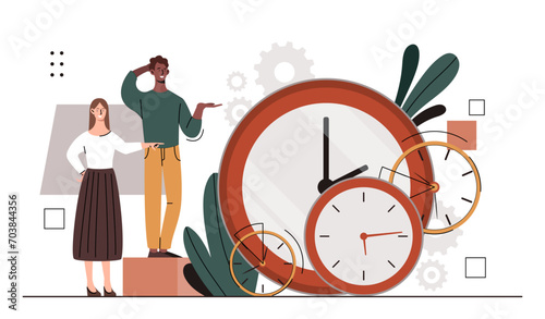 People with big clock. Man and woman with time management. Yougn guy and girl near watch. Scheduling and planning concept. Cartoon flat vector illustration isolated on white background