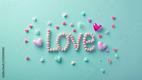 "Love" crafted from colorful beads on a pastel mint surface, Valentine’s Day, pastel background, Flat lay, top view, with copy space