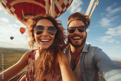 Happy couple taking selfie on balloon during Vacation trip. Holidays and traveling lifestyle concept