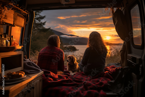 Couple and dog enjoy they vacation with beautiful landscape view on camper van. Road trip, holiday