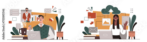Business communication set. Man and woman with graphs and diagrams. Colleagues and partners. Collaboration and cooperation. Cartoon flat vector collection isolated on white background