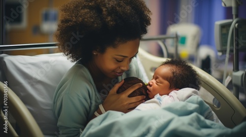 A beautiful happy African American young mother holds two newborn twins in her arms in a modern maternity hospital. Childbirth, new life, children and family concepts. photo