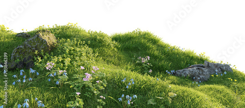 Verdant Hill Blooming with Yellow Flowers in Spring. 3D render.	
 photo