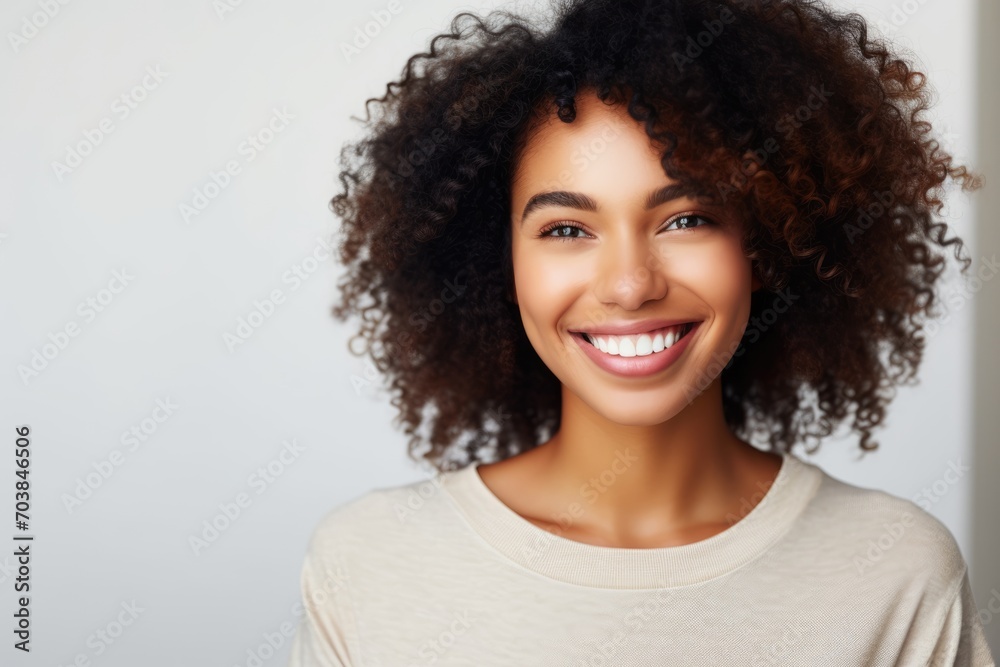 Black History Month, Beautiful brunette young dark-skinned woman smiling cheerfully while feeling happy and carefree