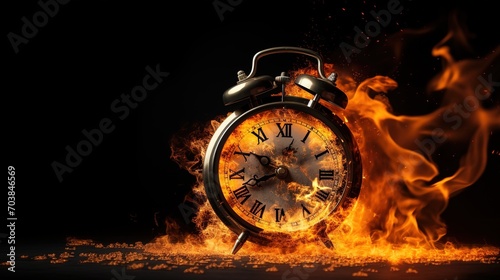 Clock on fire, clock face consumed as time burns away. Time Running Out, Black Background, Generative AI.