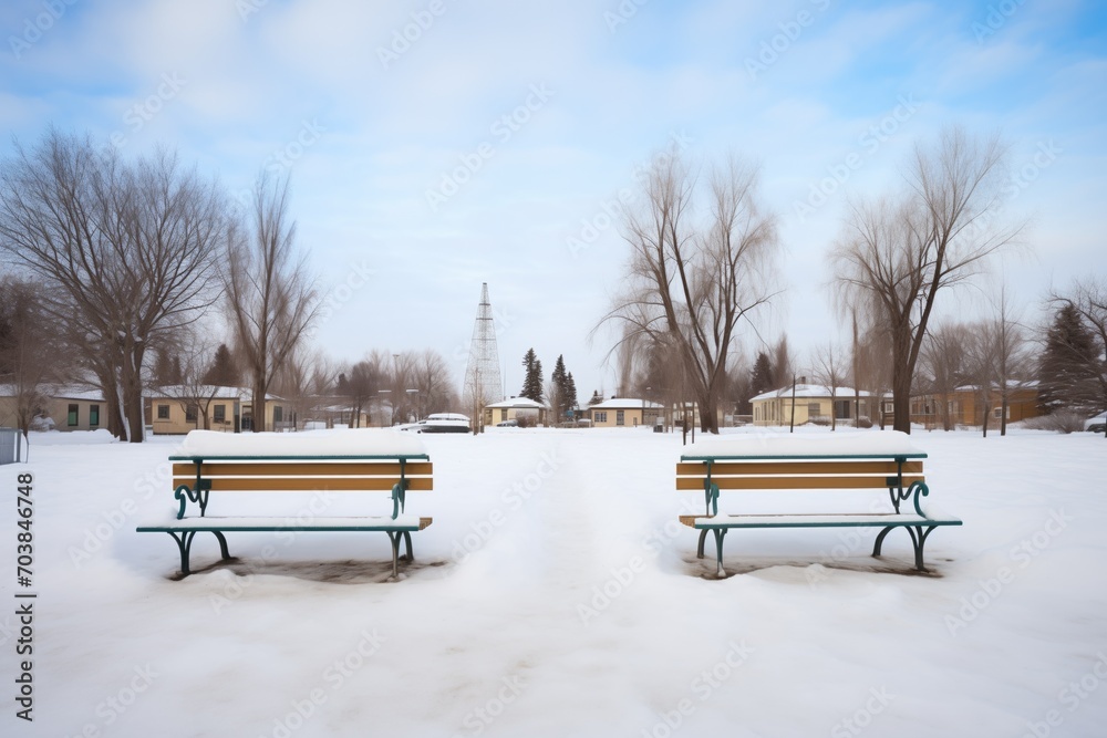 two empty snow-covered benches with footprints leading away two empty snow-covered benches with footprints leading away
