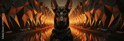Closeup of doberman pinscher dog on a gold color triangle shapes background.Animal wide web banner