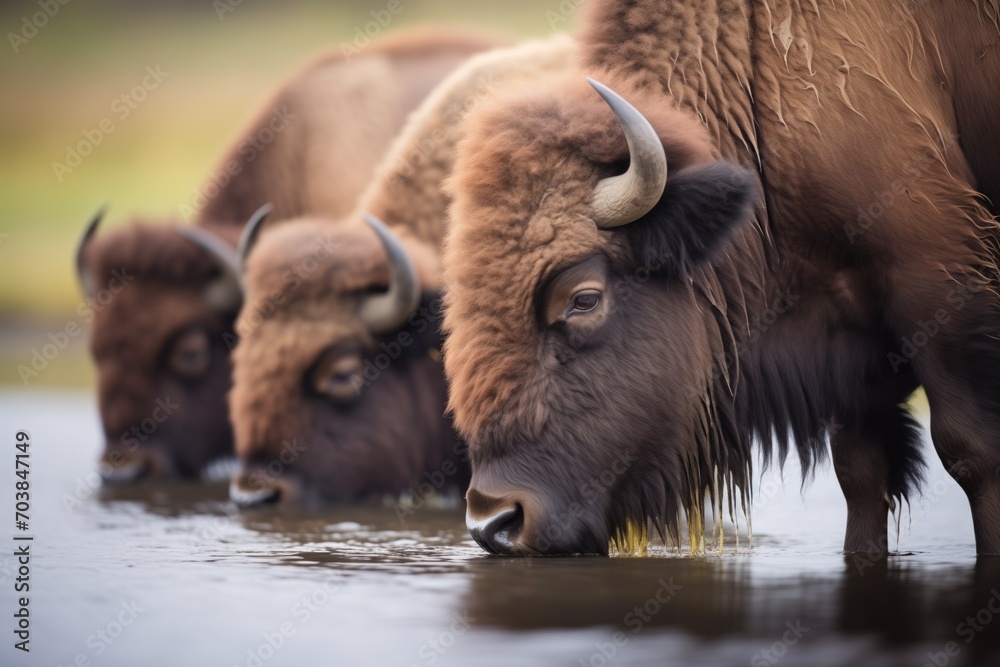 bison herd drinking from a prairie river