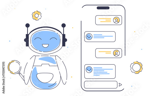 Chat bot doodle concept. Virtual helper and assistant. Artificial intelligence and machine learning. Modern technologies and innovations. Linear flat vector illustration isolated on white background