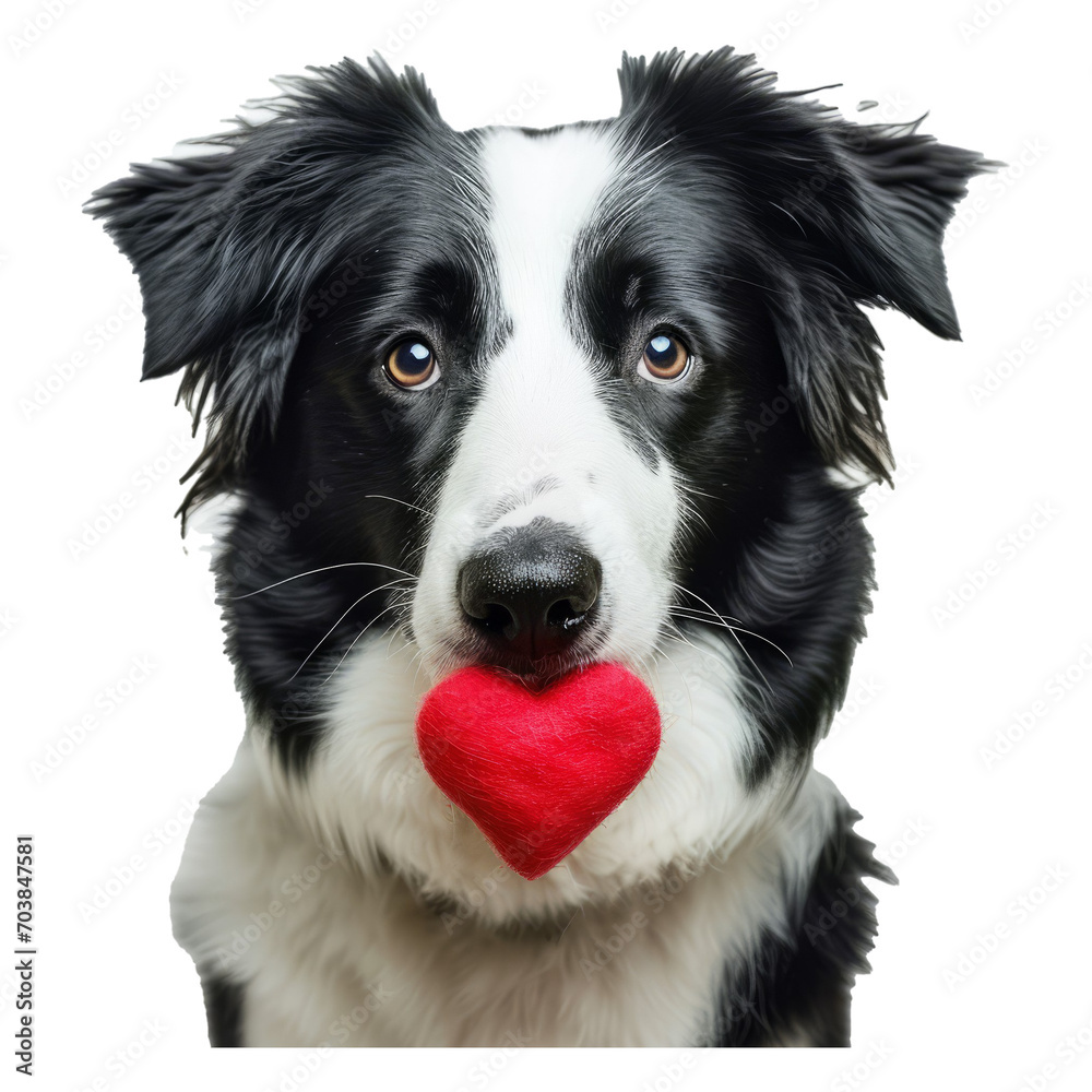 St. Valentine's Day concept. Funny portrait cute puppy dog border collie holding red heart on nose