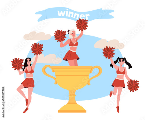 Cheerleader support concept. Women with golden cup. Supporters group in competition. Success and motivation. Female dancers in red skirts and tshirts. Cartoon flat vector illustration