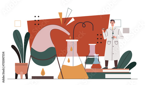 Man with chemical processes. Young guy with medical coat in lab with reagents. Scientist conduct chemical research in laboratory. Cartoon flat vector illustration isolated on white background