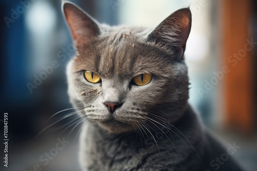 russian blue cat with intense glare, body tensed © stickerside