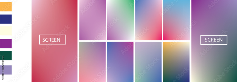 Fototapeta premium Set of vector gradient backgrounds with grainy texture. For covers, wallpapers, branding, business cards, social media and other projects. You can use the grainy texture for any of the backgrounds.