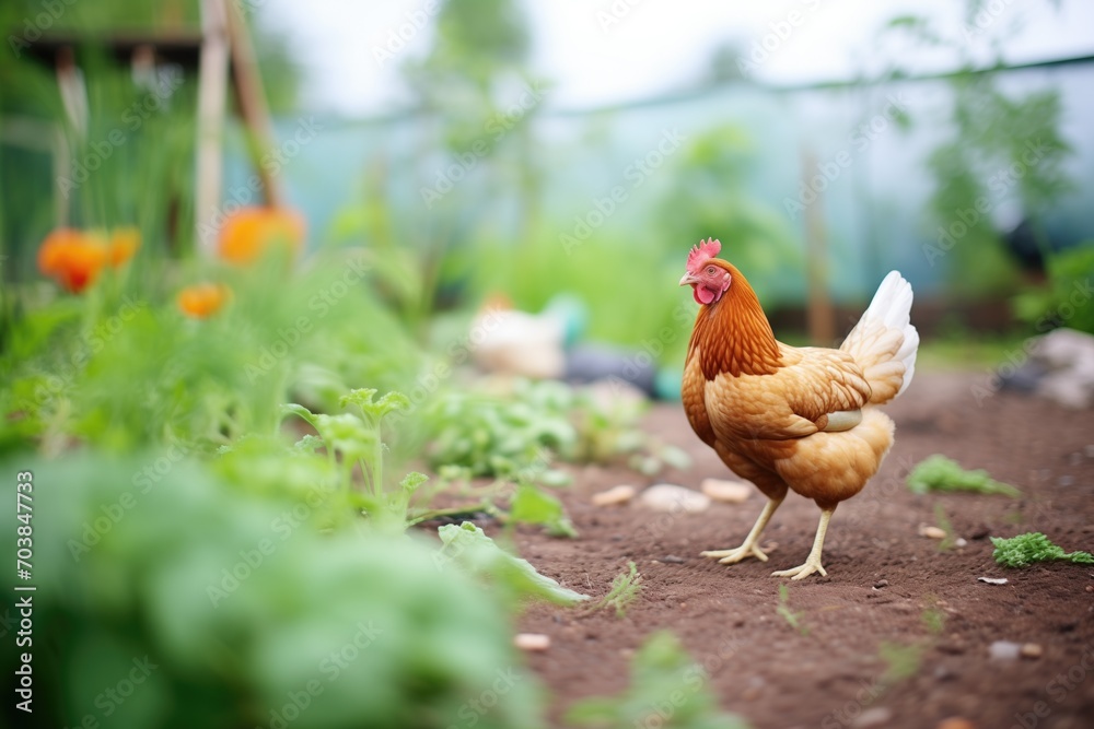 Fototapeta premium free-range chicken by vegetable garden