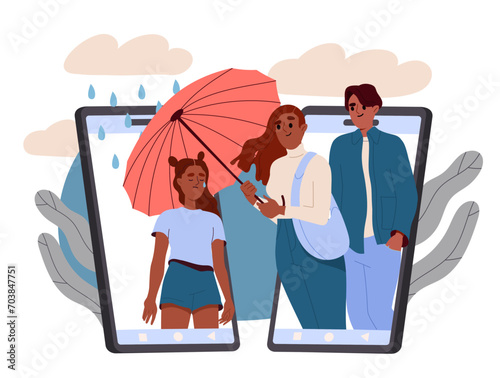Child psychological support concept. Man and woman with umbrella near girl at smartphone screen. Mental health and psychology. Parents care about their daughter. Cartoon flat vector illustration
