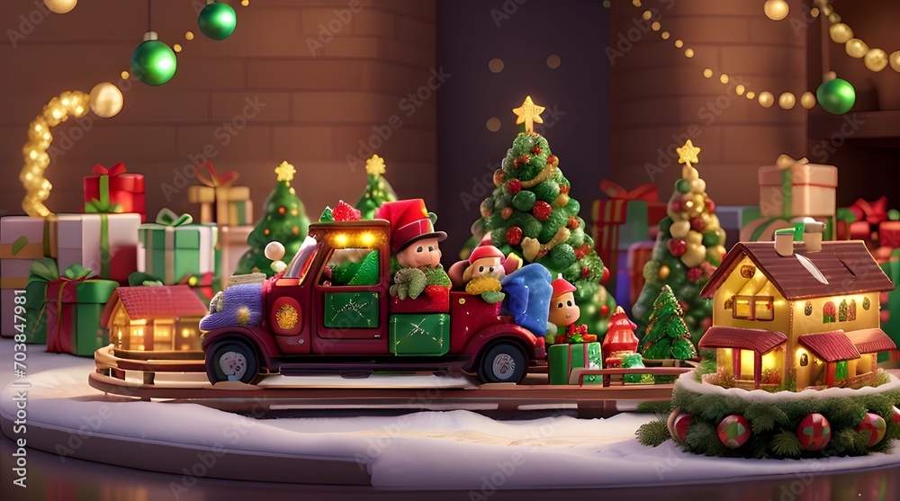 3d illustration of a Christmas scene with Santa Claus and children on a toy car