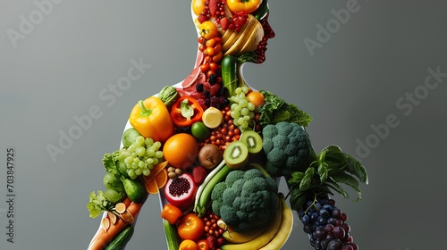A creative display of colorful fruits and vegetables arranged to resemble the human anatomy  symbolizing the concept of healthy eating and its impact on our bodys health.