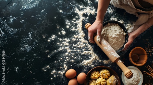 Hands holding a wooden rolling pin dusted with flour, set against a dark black table scattered with white flour. The image evokes a home baking and cooking scene, perfect for culinary enthusiasts. photo