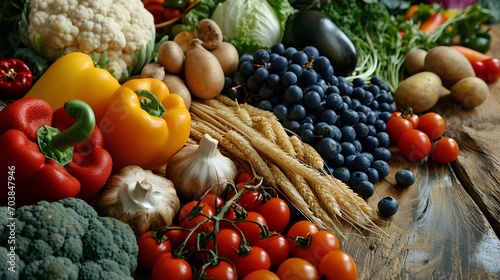 Fresh organic vegetables  whole grains  and lean proteins artfully arranged on a rustic wooden table  symbolizing a wholesome diet and nutritious meal preparation.