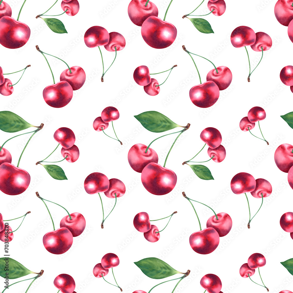 Watercolor seamless pattern with ripe, juicy, red cherries. A fruit and garden background with hand-drawn watercolor illustrations. For designers, postcard printing, fabrics. Watercolor seamless pattern with ripe, juicy, red cherries. A fruit and garden background with hand-drawn watercolor illustrations. For designers, postcard printing, fabrics.