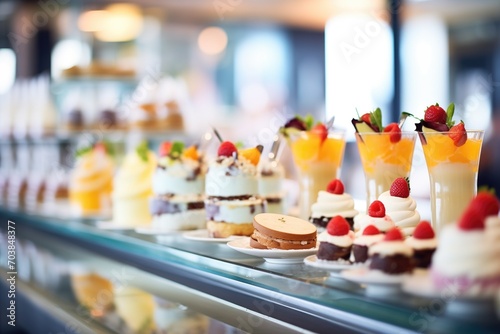 rows of gourmet desserts on chilled display counter