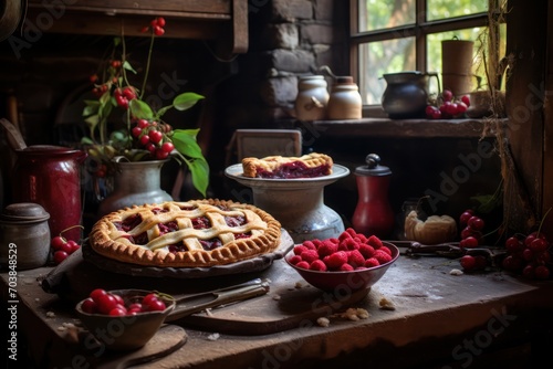 homemade cherry pie dessert in rustic kitchen food still life. National cherry pie day celebration on February 20 in America. © Dina