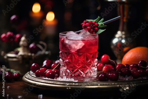 cranberry cocktail with ice. Festive winter vitamin cocktails. Autumn and holiday season drinks. photo