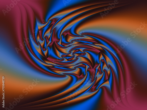 Falista abstrakcja z wirującymi elementami na rozmytym tle w niebiesko, pomarańczowo, bordowej kolorystyce - tło, tekstura